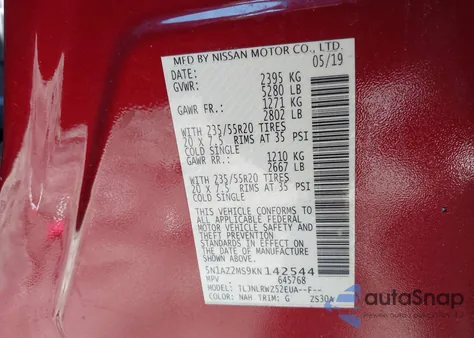 2019 Nissan Murano Sl z USA, uszkodzony, nr VIN 5N1AZ2MS9KN142544